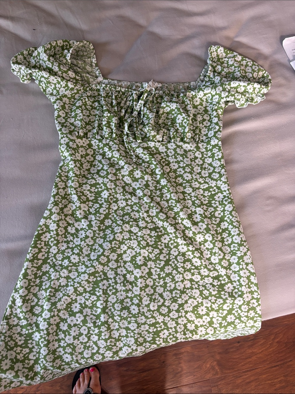 Green Floral Puff Sleeve Mini Dress